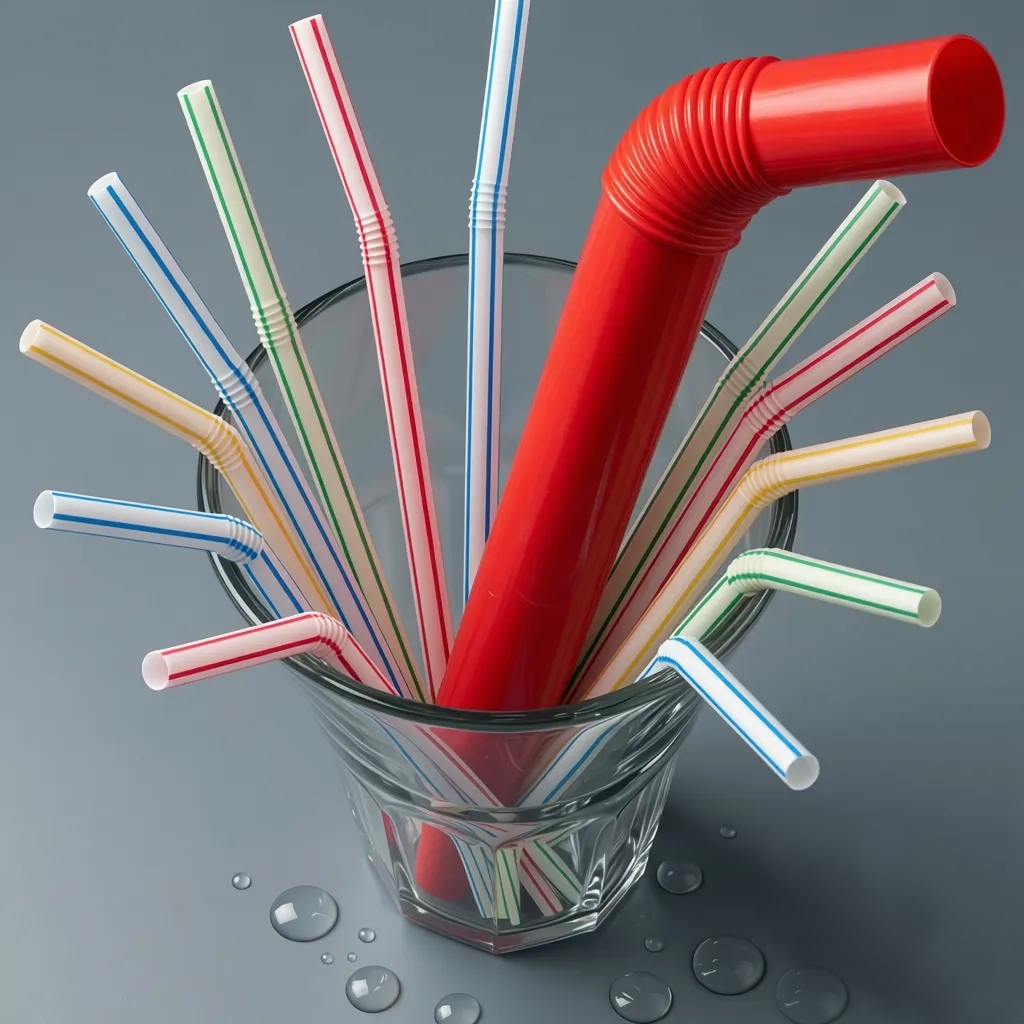 Many straws in an empty glass — one large red straw dominating the others