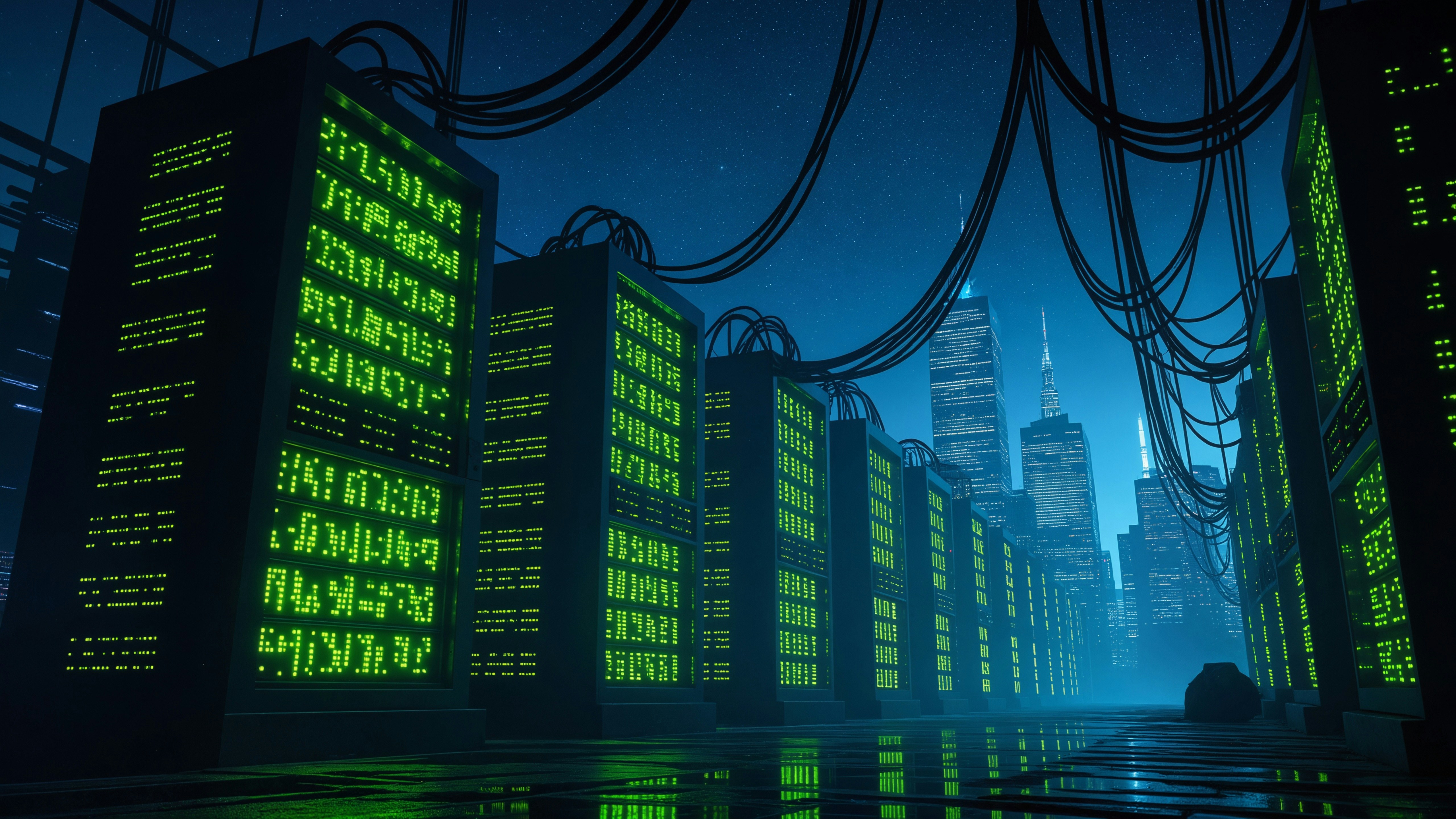 Data center server infrastructure at night